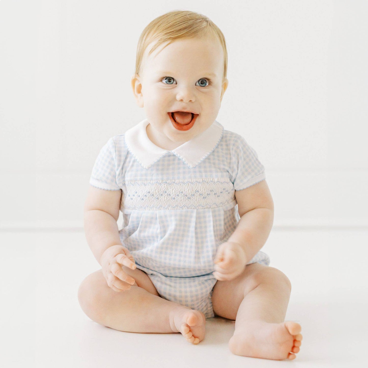 Mini Checks Smocked Collared S/S Bubble - Blue