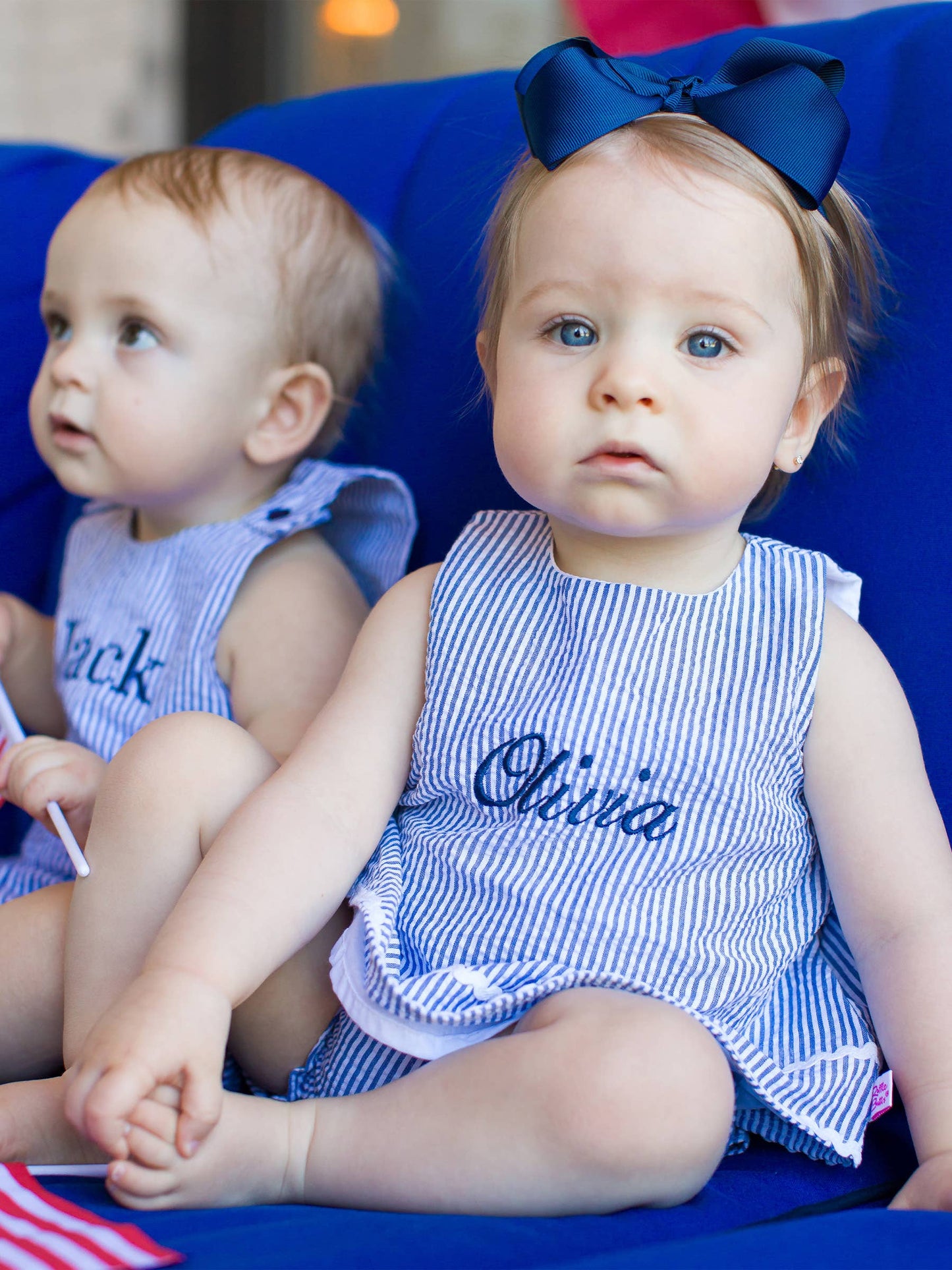 Baby Girls Blue Seersucker Ric Rac Swing Top & Bloomer Set