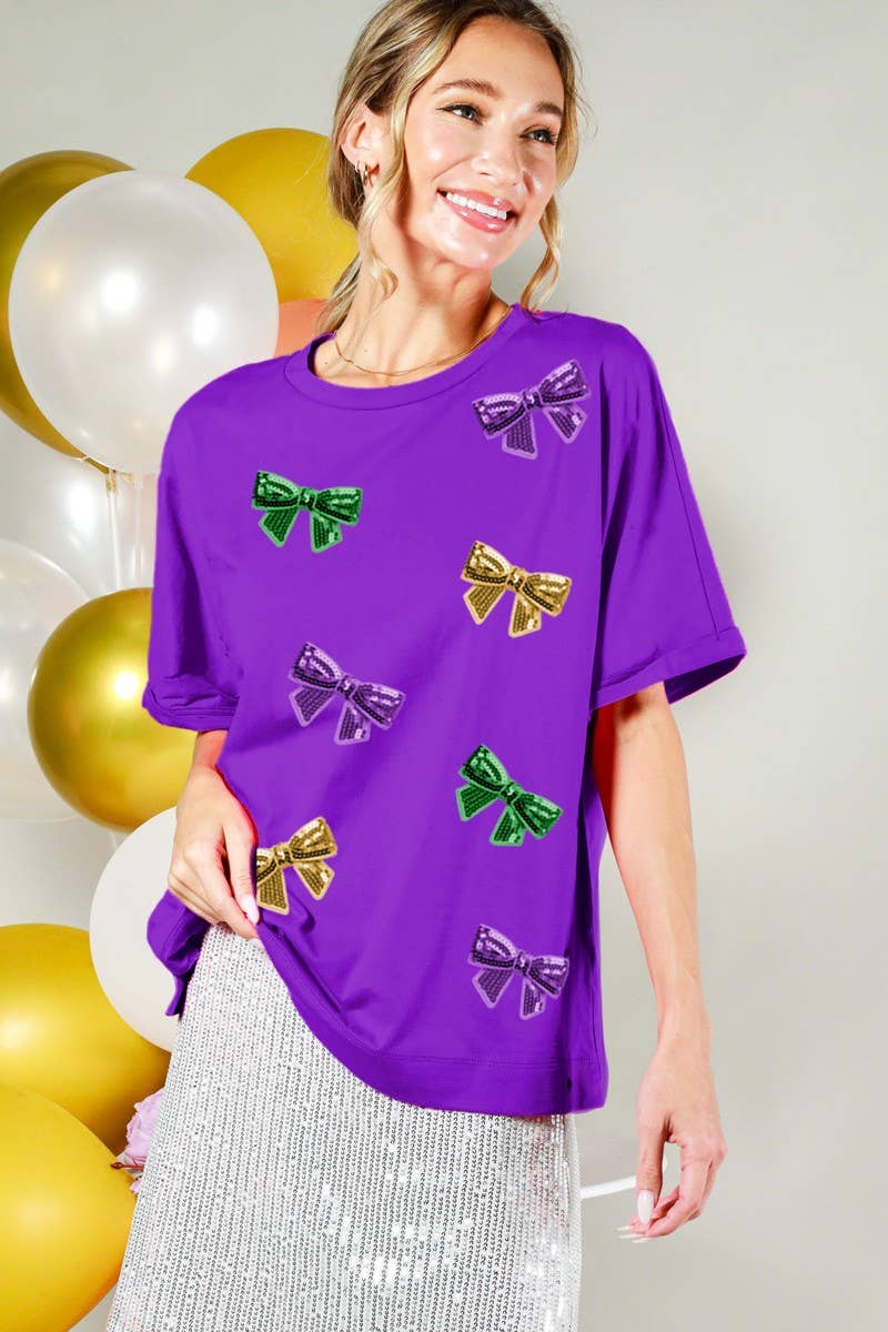 Mardi Gras Short Sleeve Bow Sequin Top