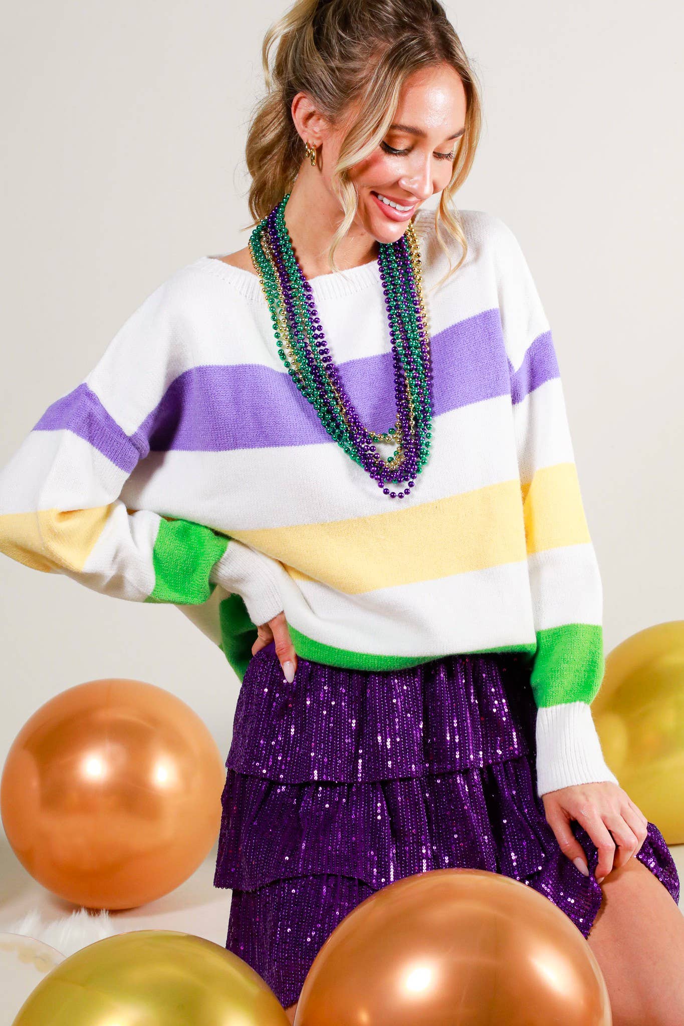 Mardi Gras Color Block Boat Neck Knitted Sweater