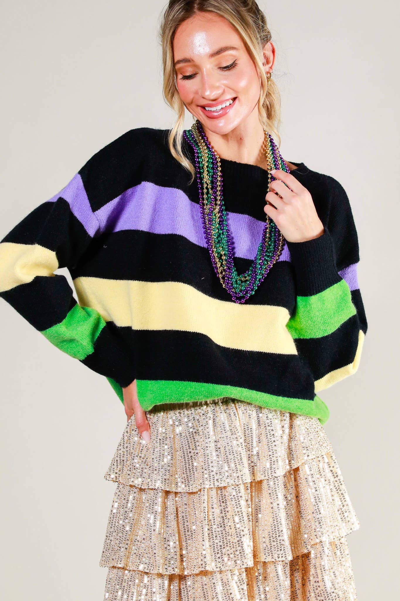Mardi Gras Color Block Boat Neck Knitted Sweater
