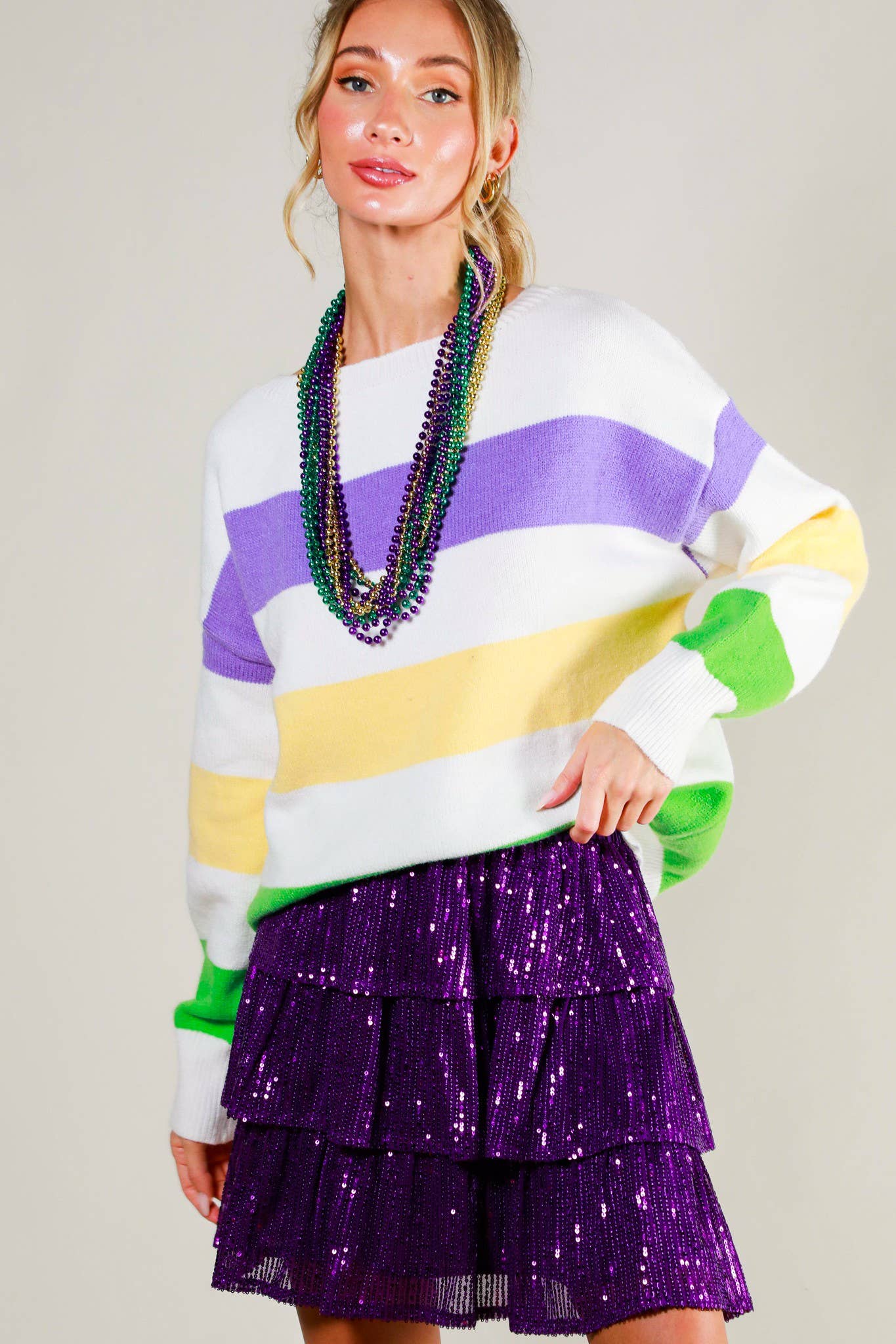 Mardi Gras Color Block Boat Neck Knitted Sweater