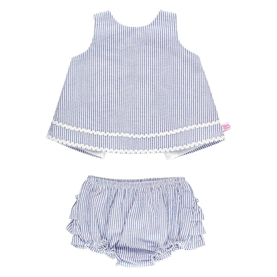Baby Girls Blue Seersucker Ric Rac Swing Top & Bloomer Set