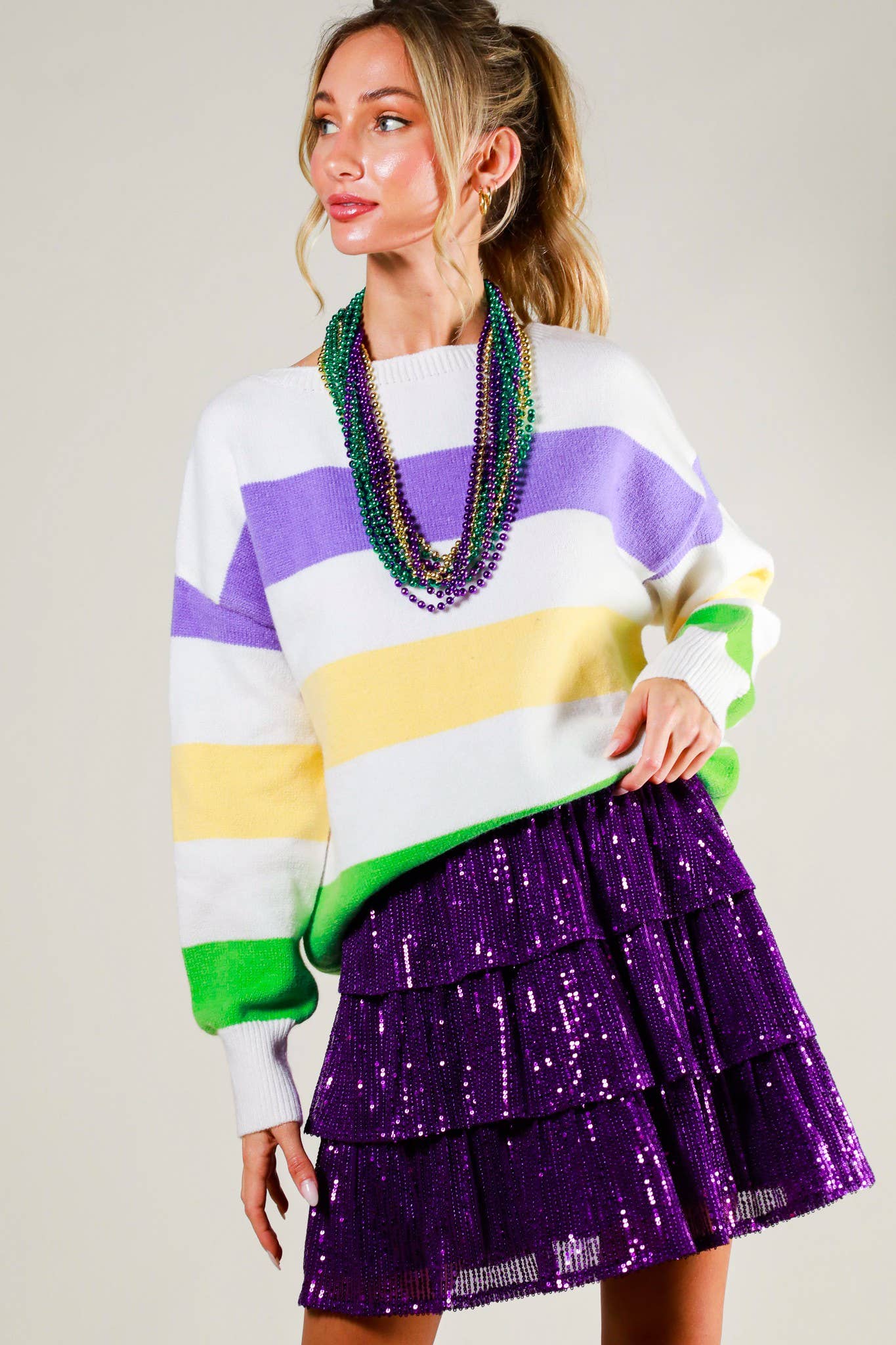 Mardi Gras Color Block Boat Neck Knitted Sweater