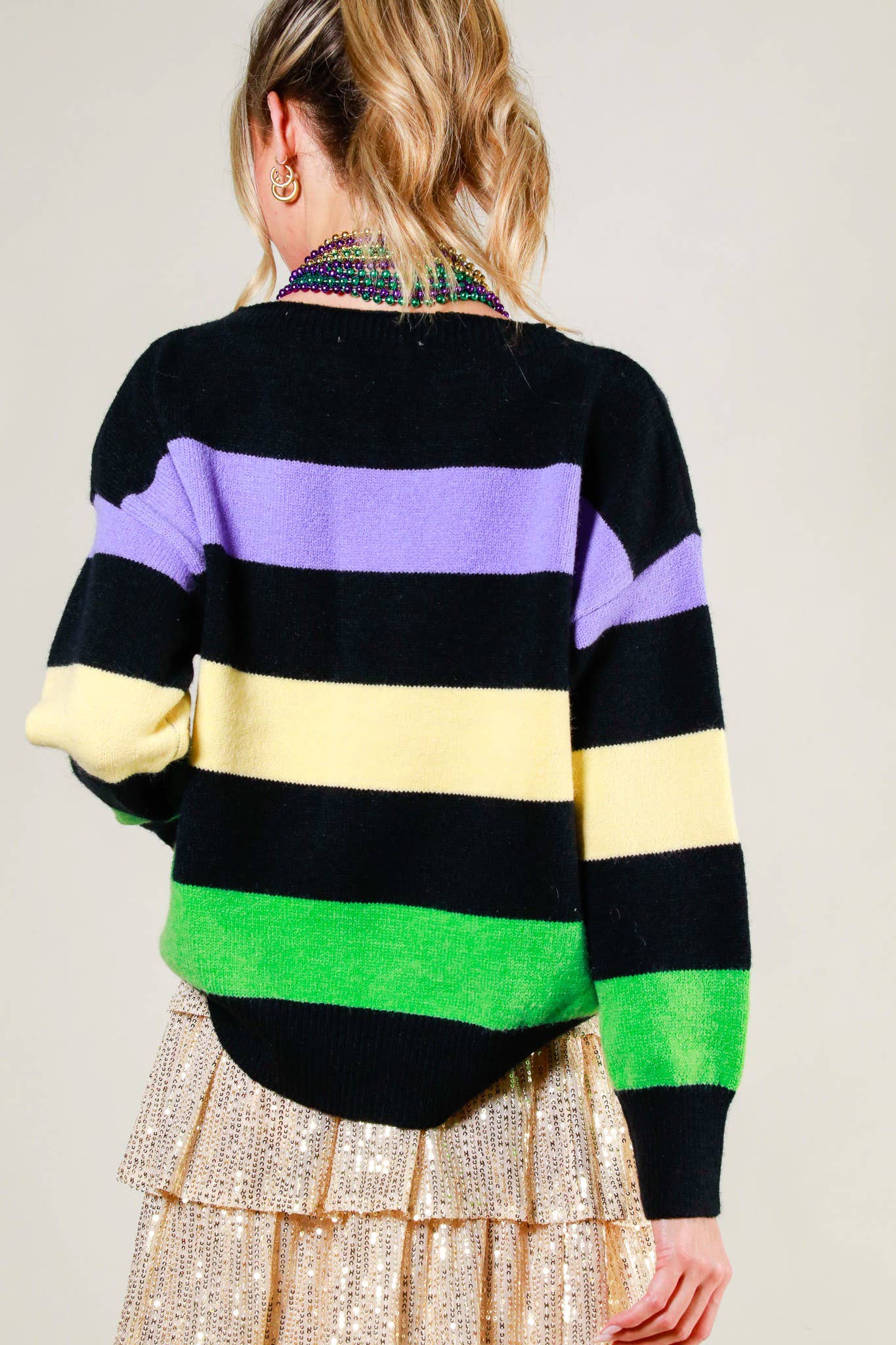 Mardi Gras Color Block Boat Neck Knitted Sweater