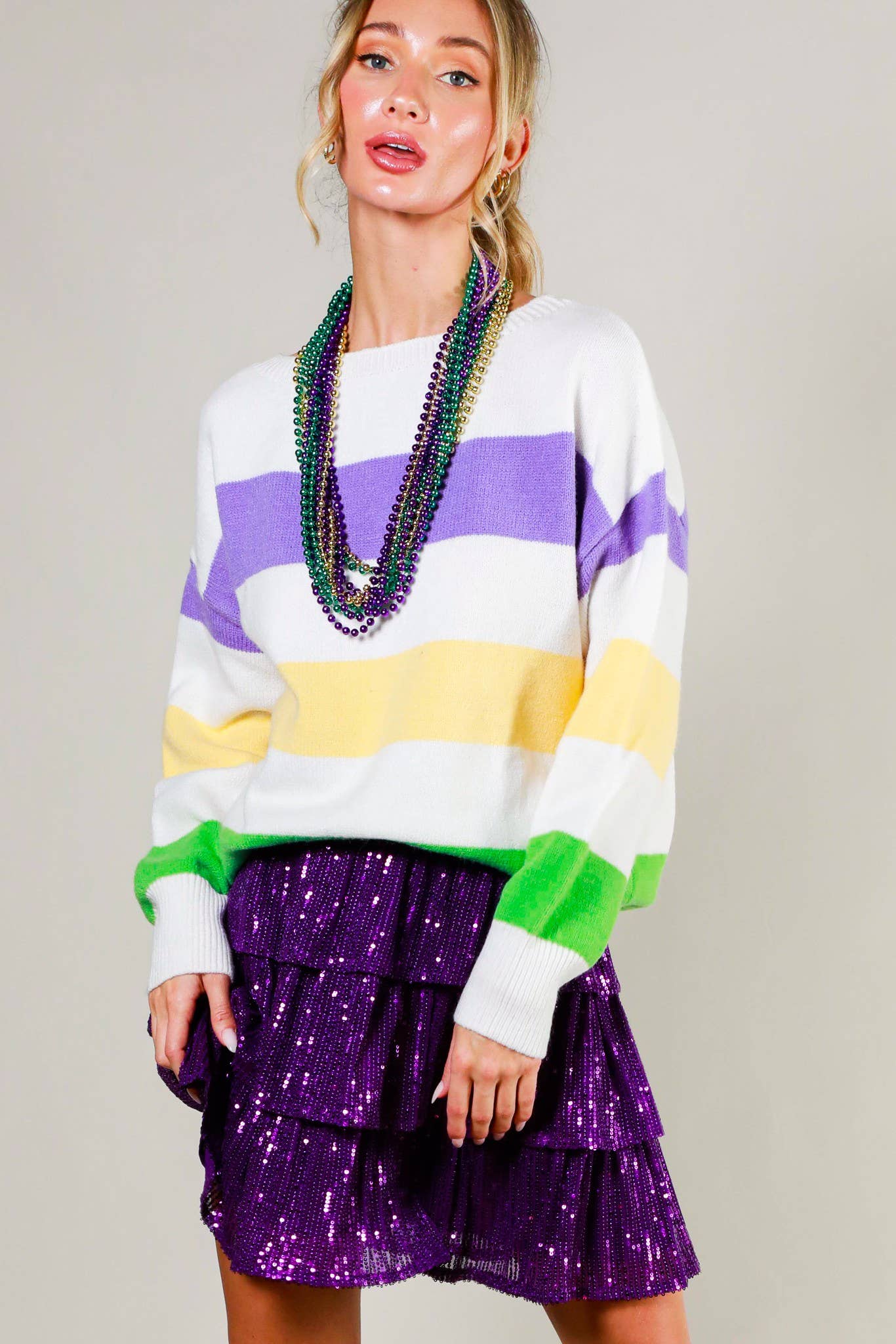 Mardi Gras Color Block Boat Neck Knitted Sweater