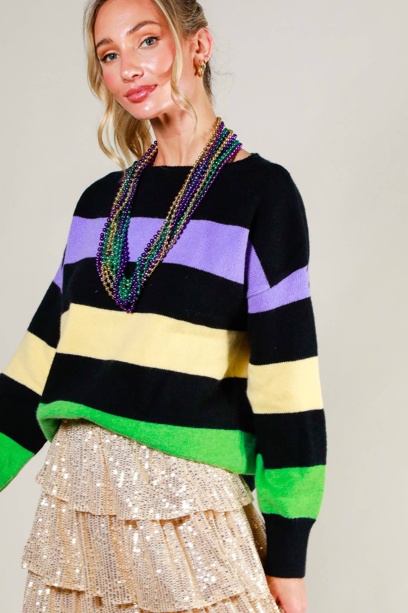 Mardi Gras Color Block Boat Neck Knitted Sweater
