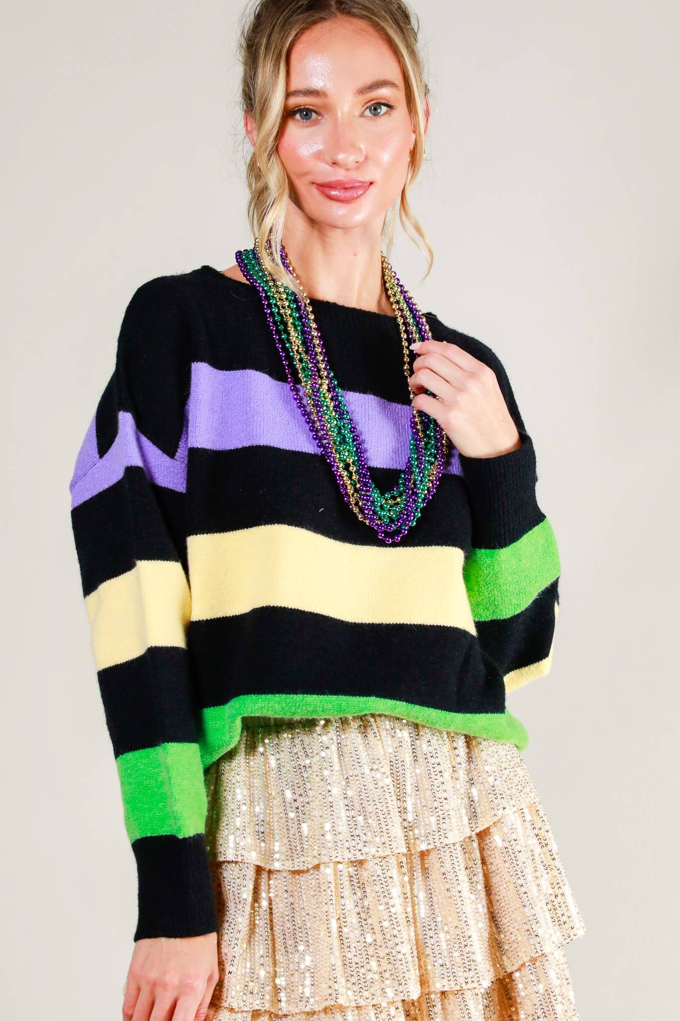 Mardi Gras Color Block Boat Neck Knitted Sweater
