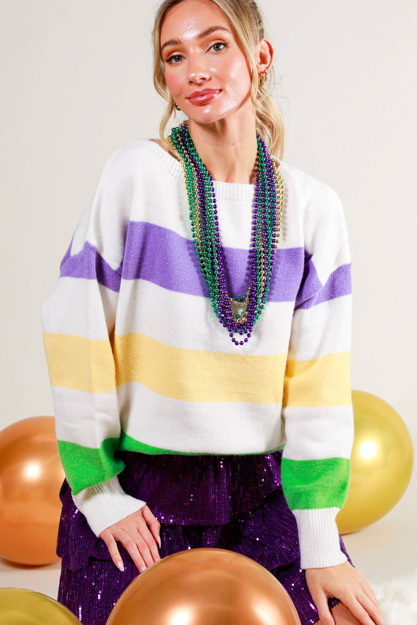 Mardi Gras Color Block Boat Neck Knitted Sweater
