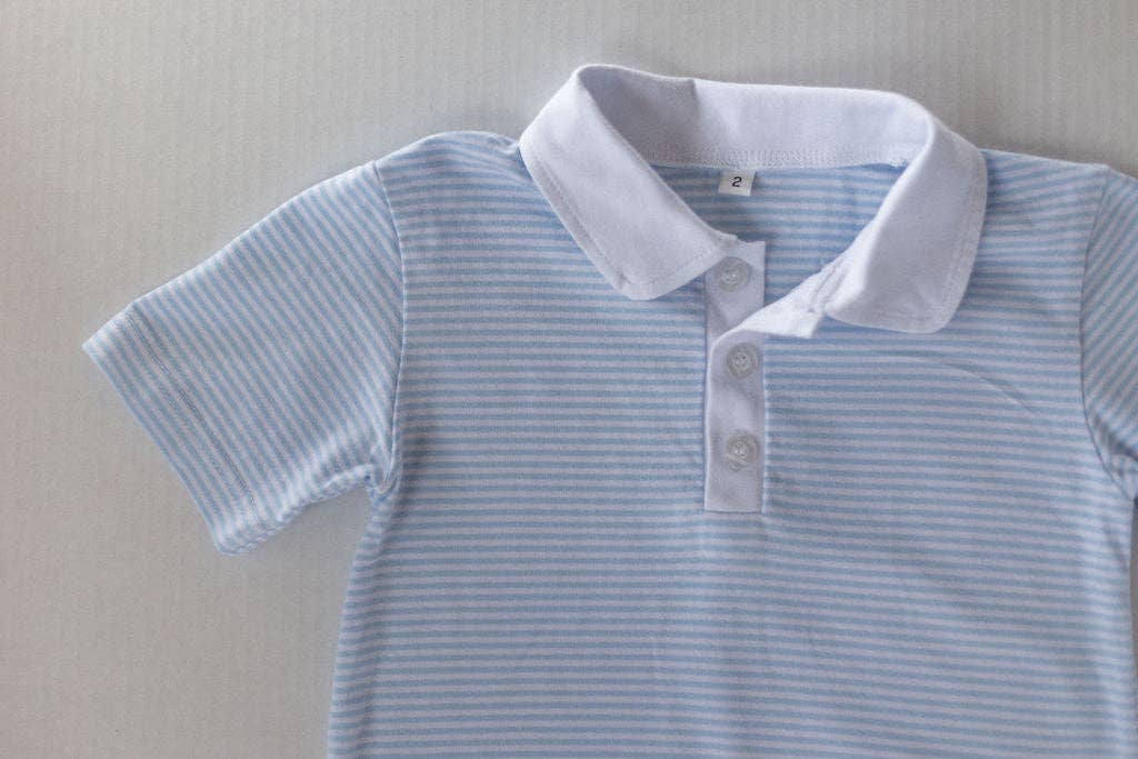 Blue & White Stripe Short Sleeve Polo Romper