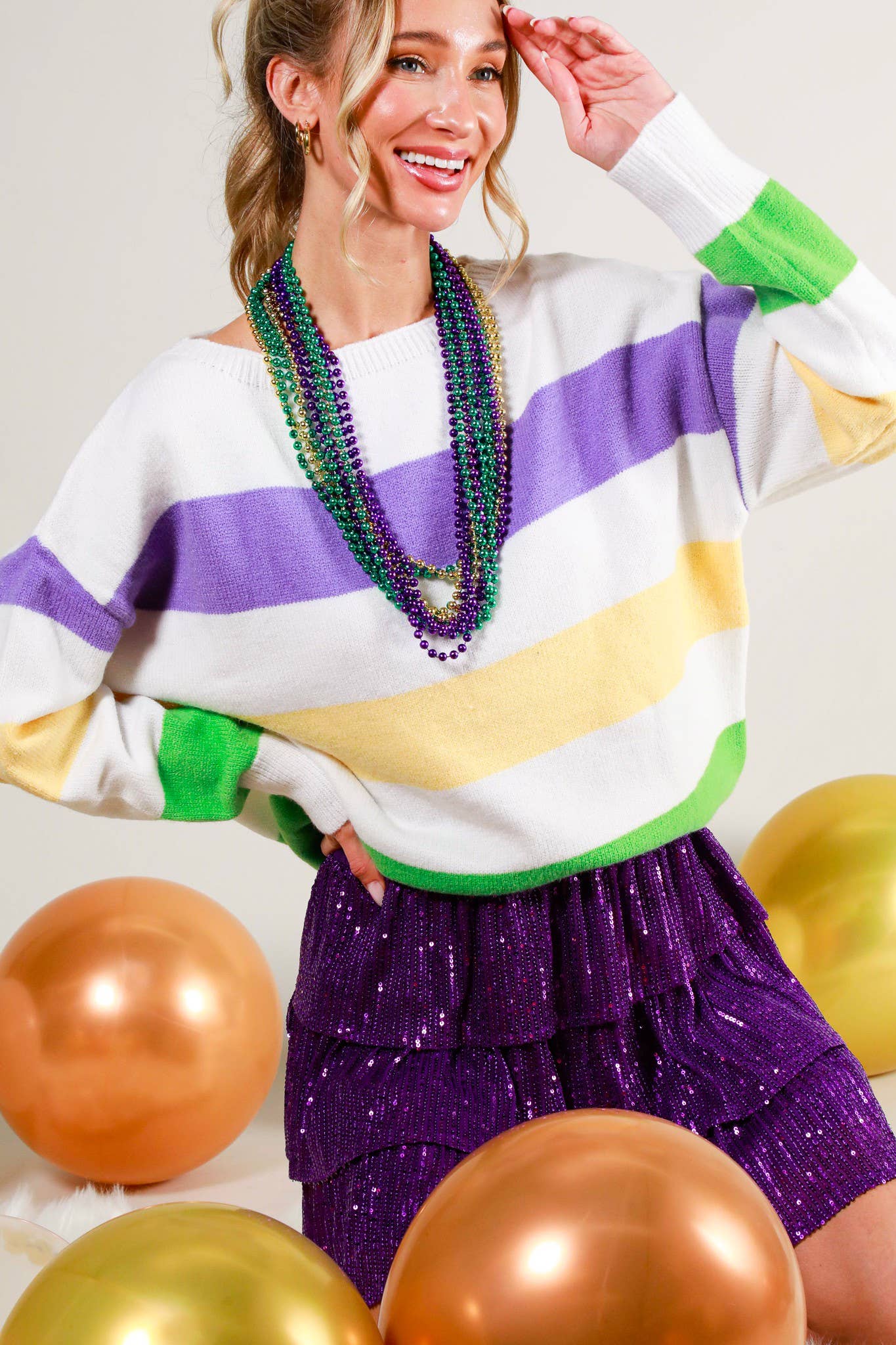 Mardi Gras Color Block Boat Neck Knitted Sweater
