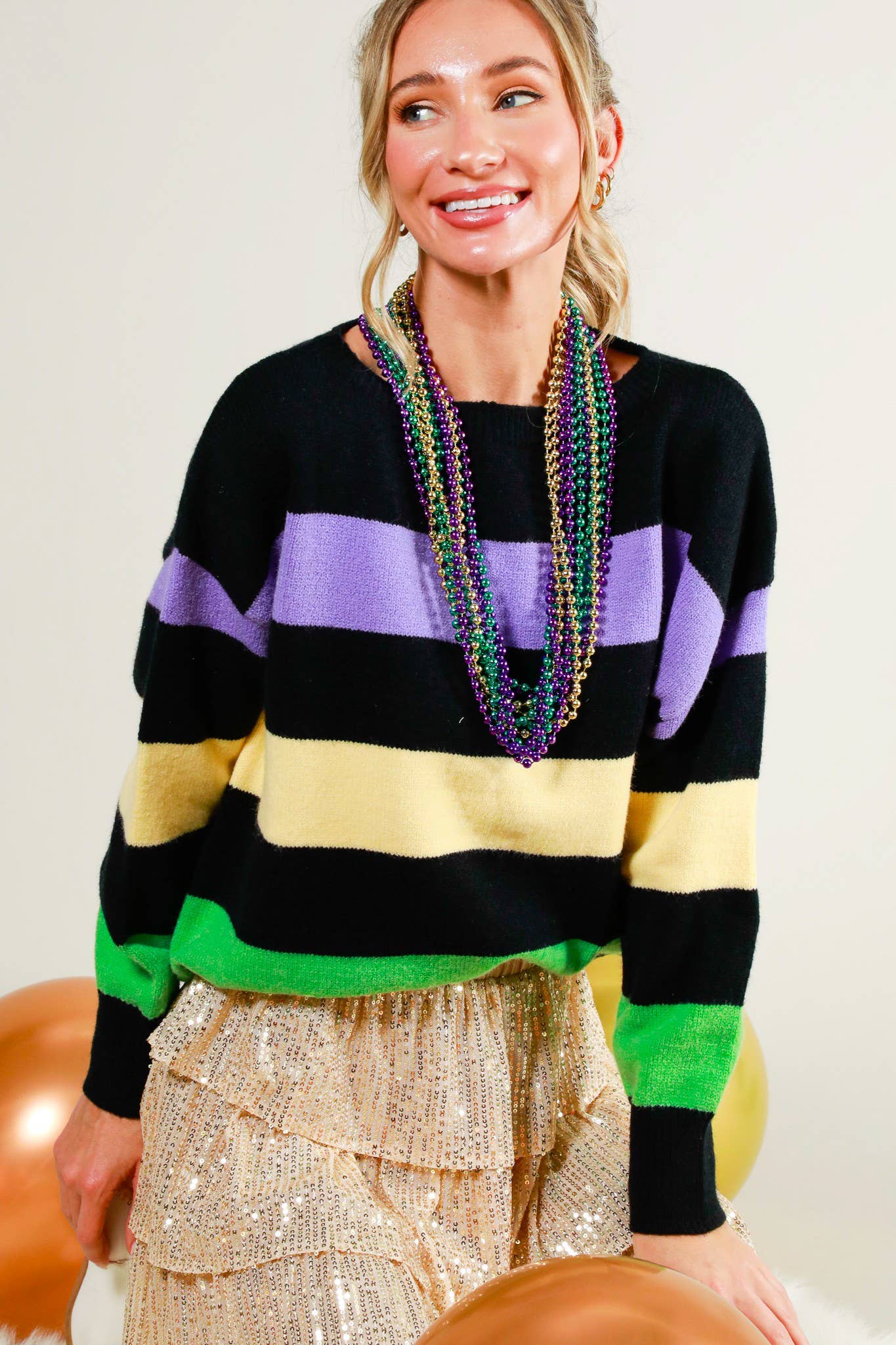 Mardi Gras Color Block Boat Neck Knitted Sweater