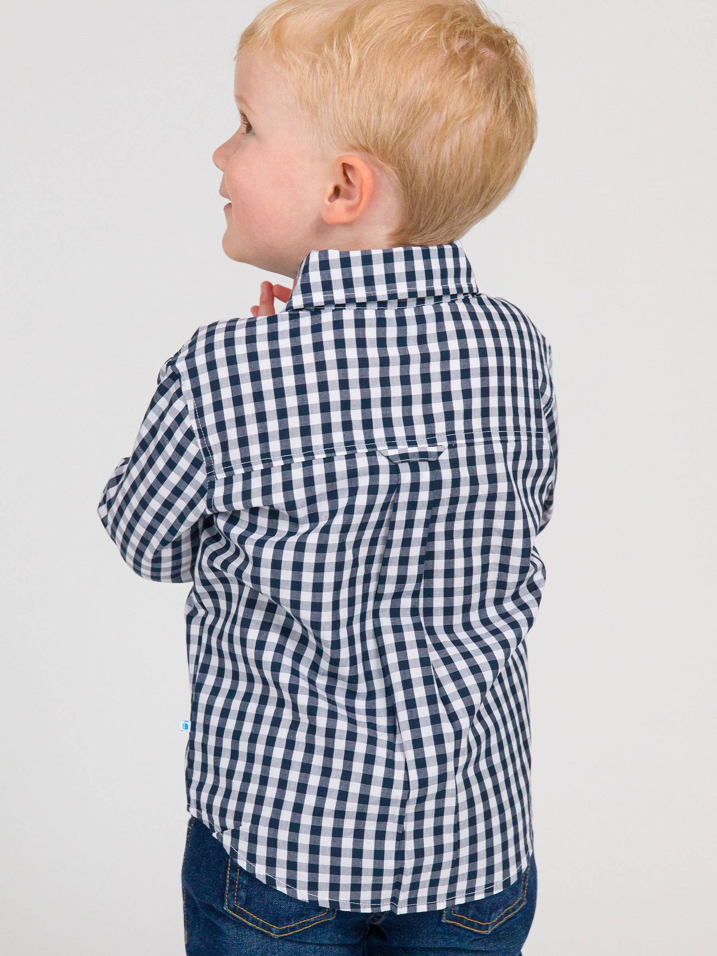 Boys Classic Dark Navy Gingham Long Sleeve Button Down