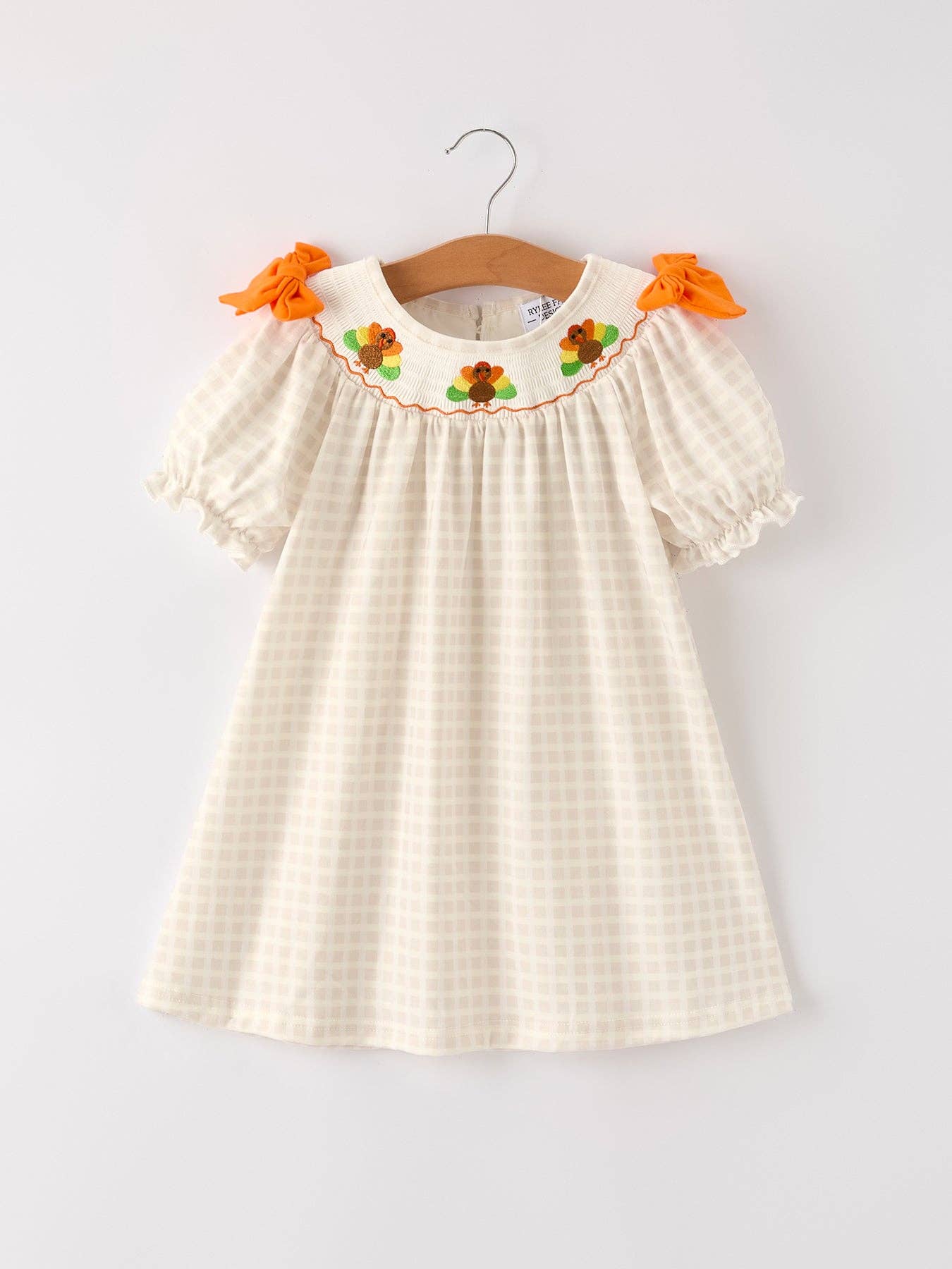 Fall Thanksgiving Apricot Plaid Turkey Embroidery Smocking Baby Girls Dress