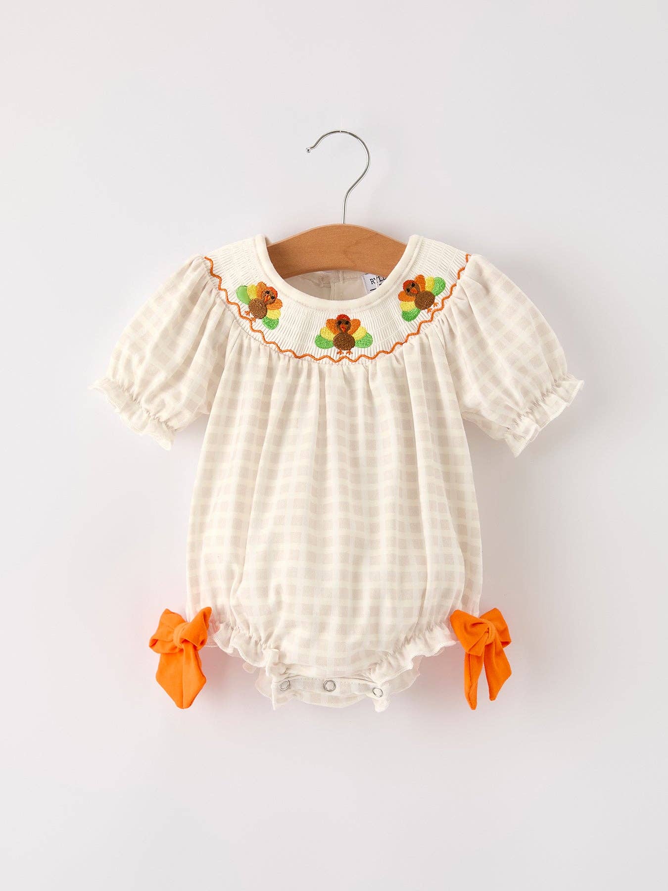 Fall Thanksgiving Apricot Plaid Turkey Embroidery Smocking Baby Girls Romper