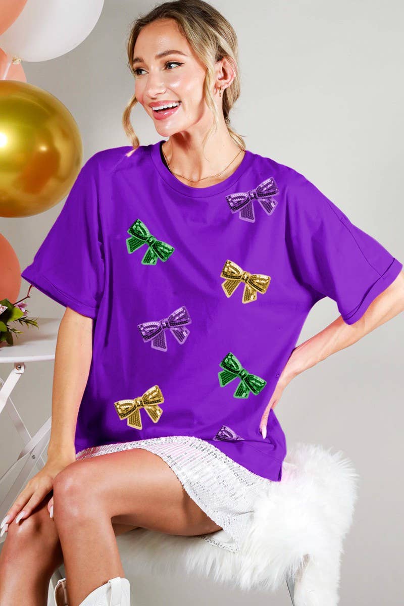 Mardi Gras Short Sleeve Bow Sequin Top