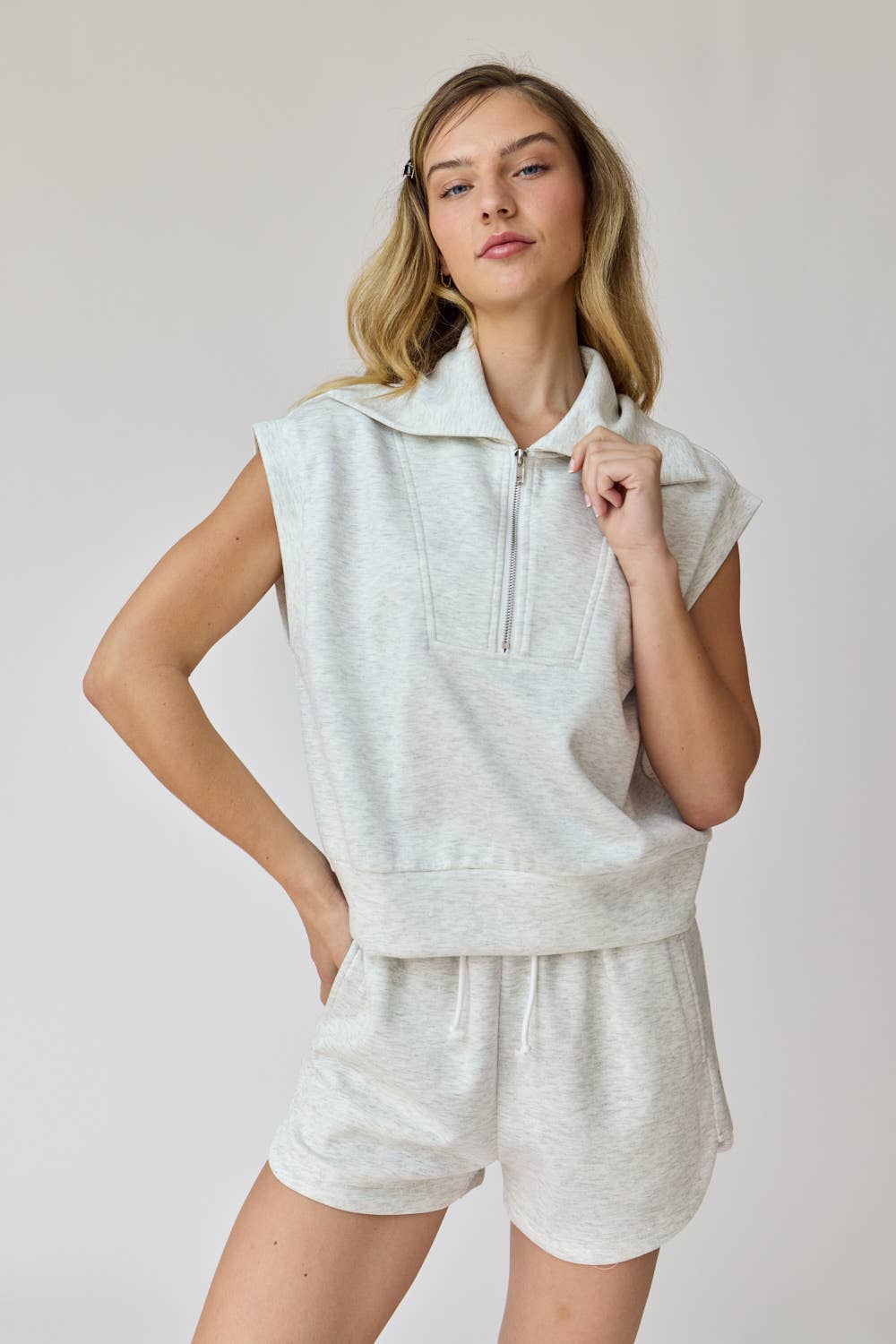 Half Zip Cropped Sweatshirt and Shorts Set