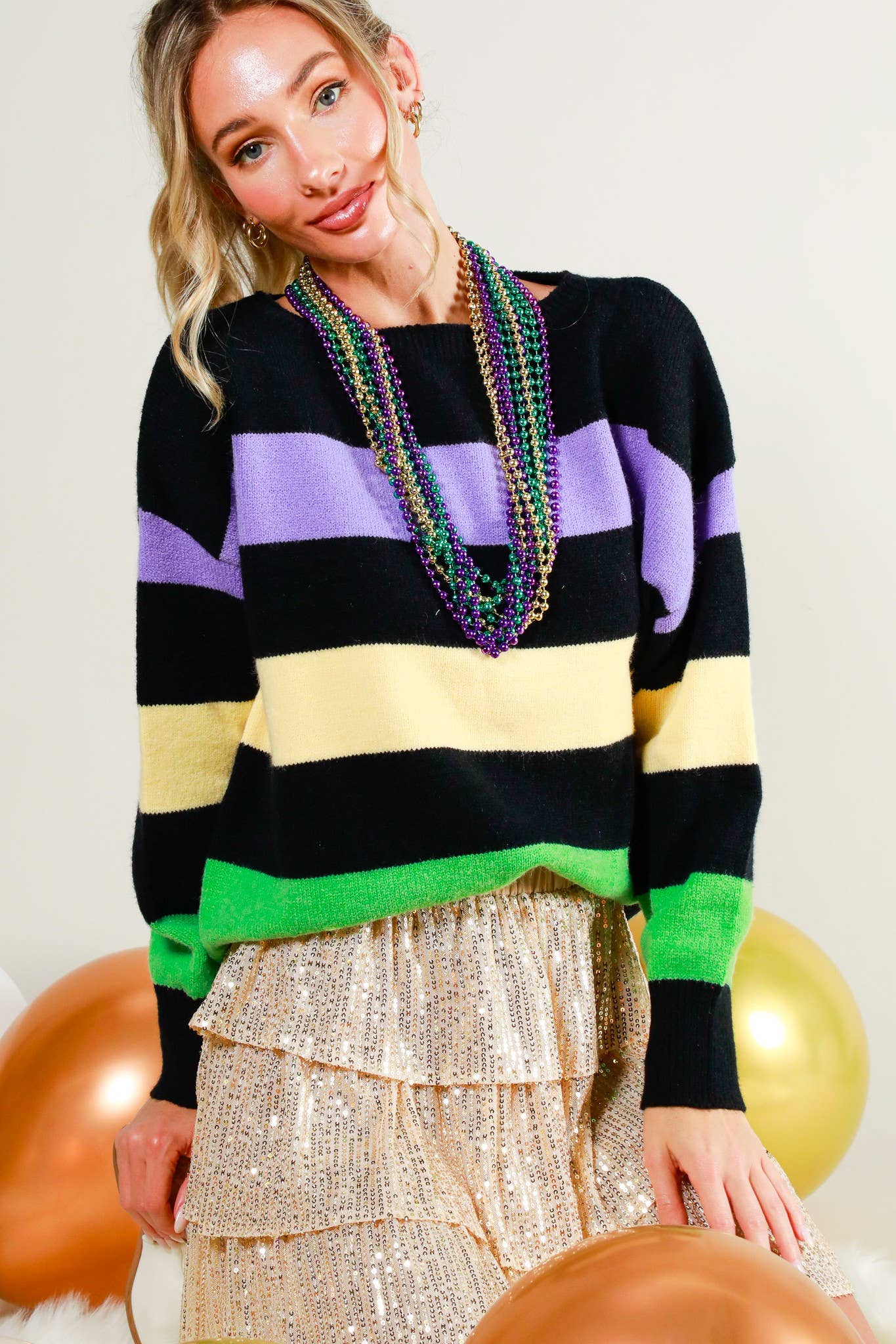 Mardi Gras Color Block Boat Neck Knitted Sweater