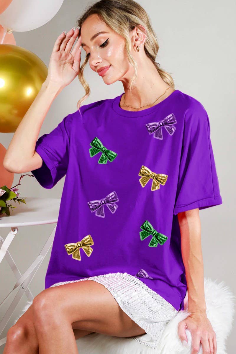 Mardi Gras Short Sleeve Bow Sequin Top