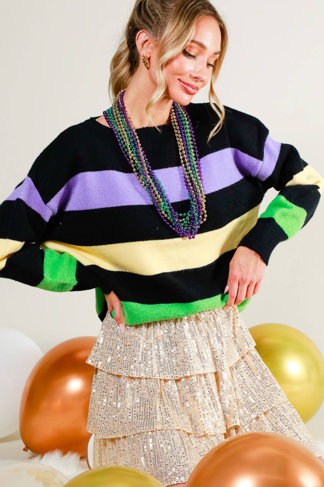 Mardi Gras Color Block Boat Neck Knitted Sweater