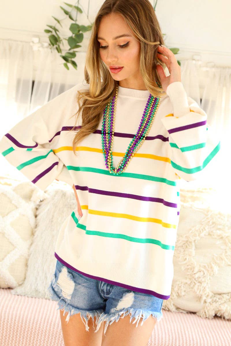 Mardi Gras Multi Color Striped Knitted Sweater Top