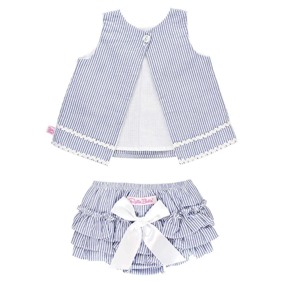 Baby Girls Blue Seersucker Ric Rac Swing Top & Bloomer Set