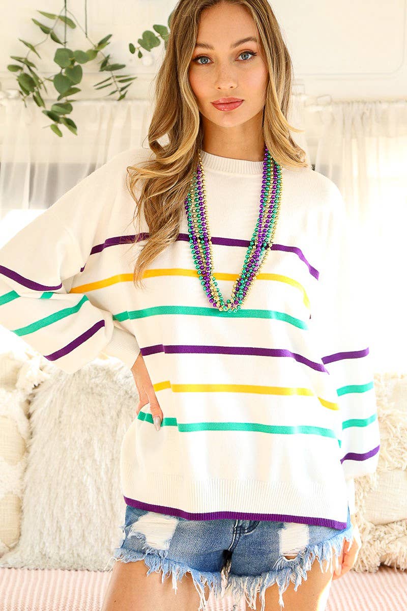 Mardi Gras Multi Color Striped Knitted Sweater Top