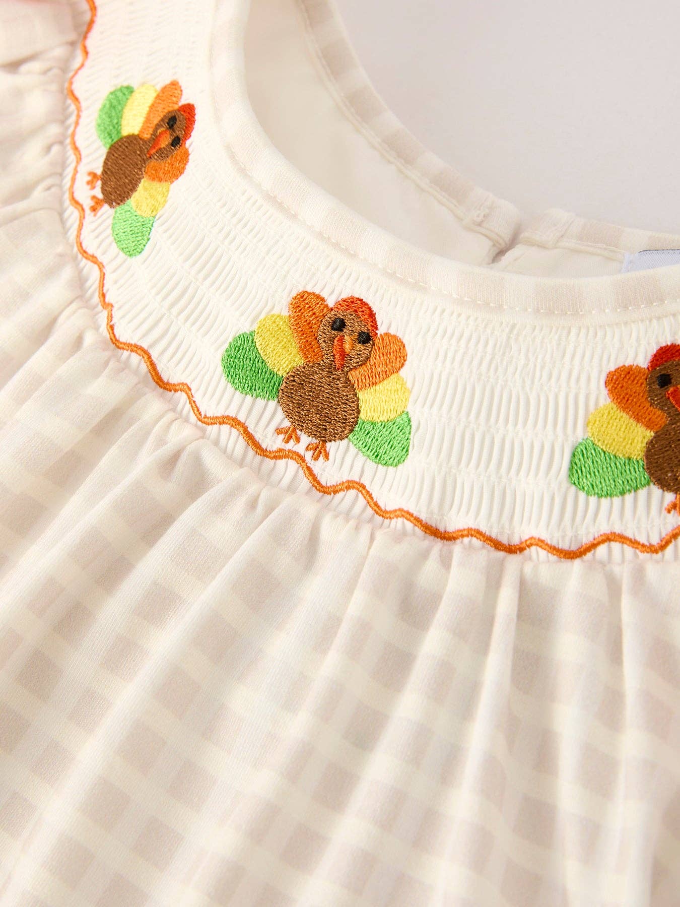Fall Thanksgiving Apricot Plaid Turkey Embroidery Smocking Baby Girls Dress
