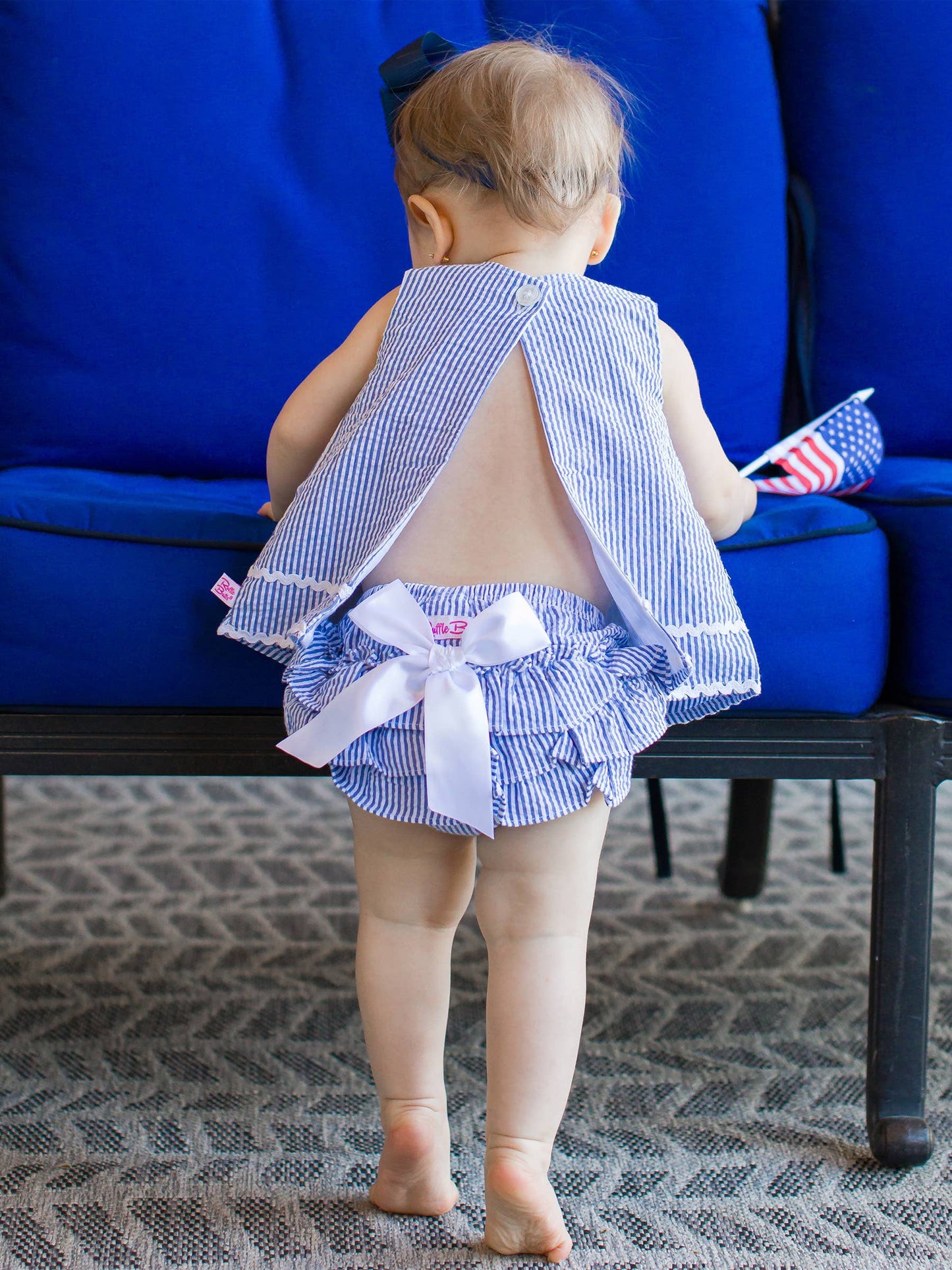 Baby Girls Blue Seersucker Ric Rac Swing Top & Bloomer Set