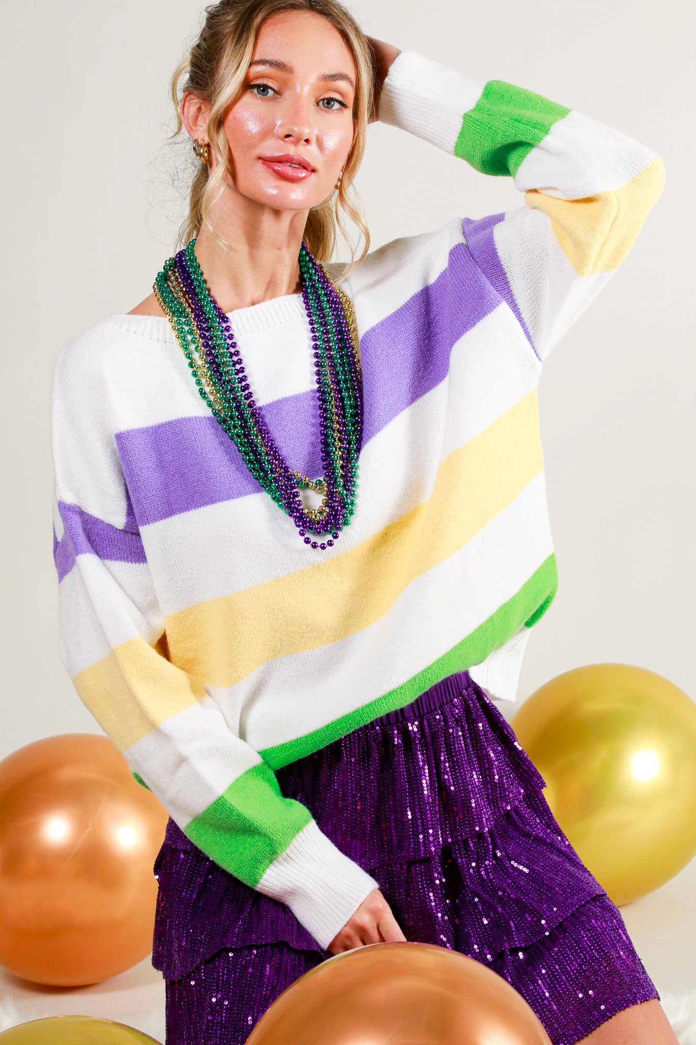 Mardi Gras Color Block Boat Neck Knitted Sweater