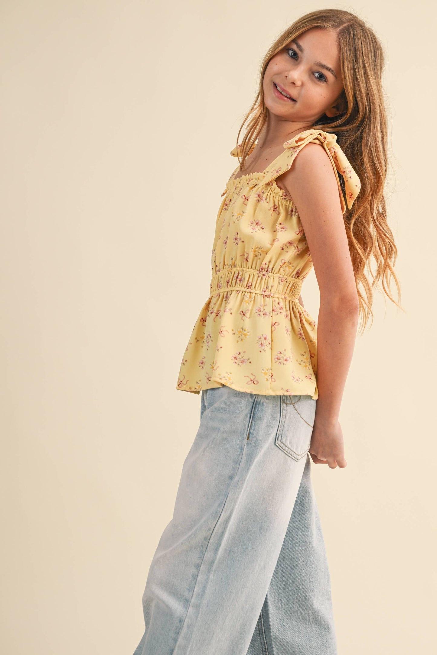GIRLS BOW SHOULDER PEPLUM TOP