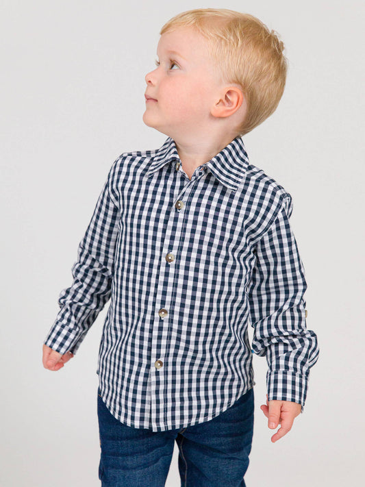 Boys Classic Dark Navy Gingham Long Sleeve Button Down