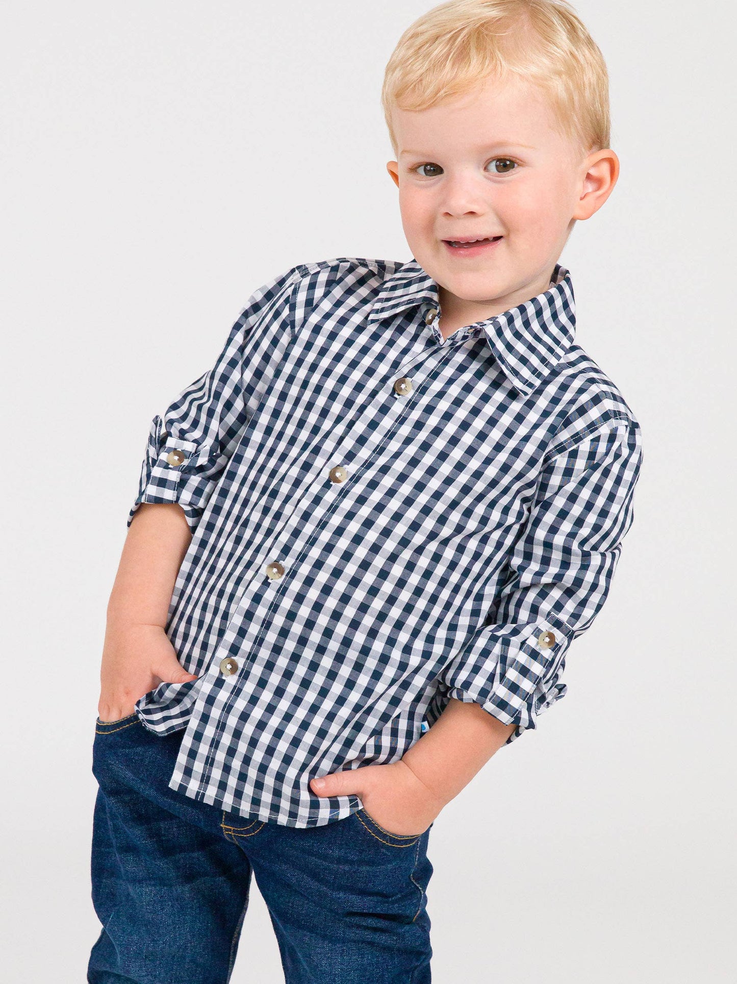 Boys Classic Dark Navy Gingham Long Sleeve Button Down