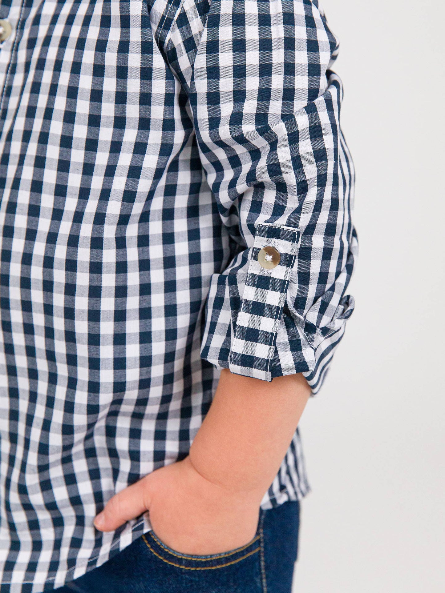 Boys Classic Dark Navy Gingham Long Sleeve Button Down