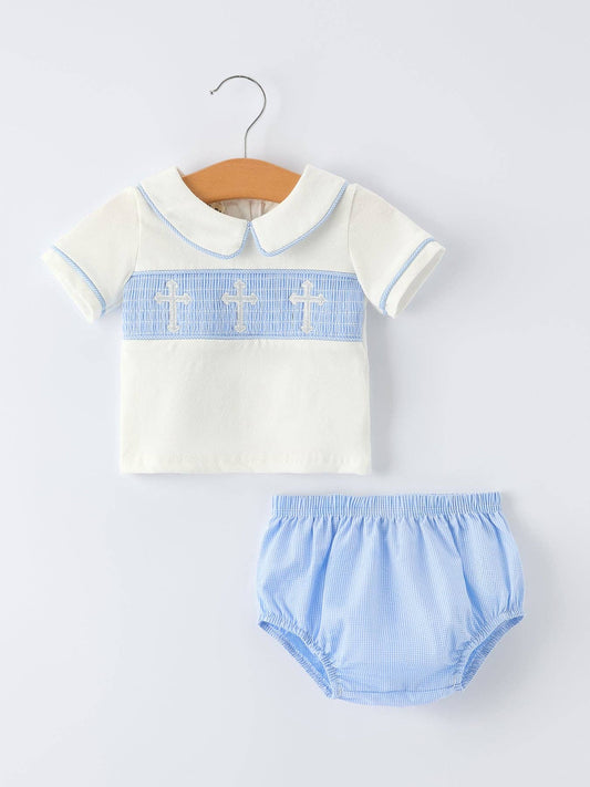 Blue Smocked Baby Boy Bloomer Set