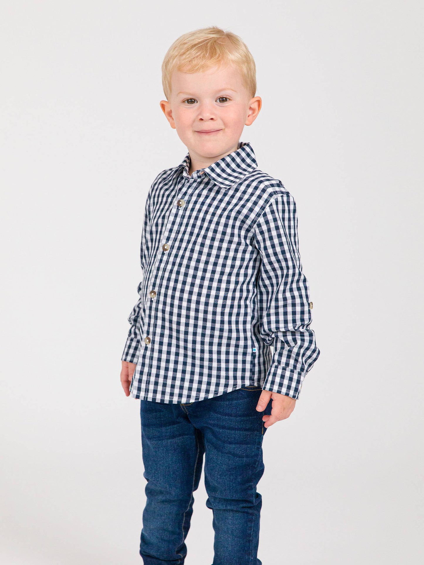 Boys Classic Dark Navy Gingham Long Sleeve Button Down