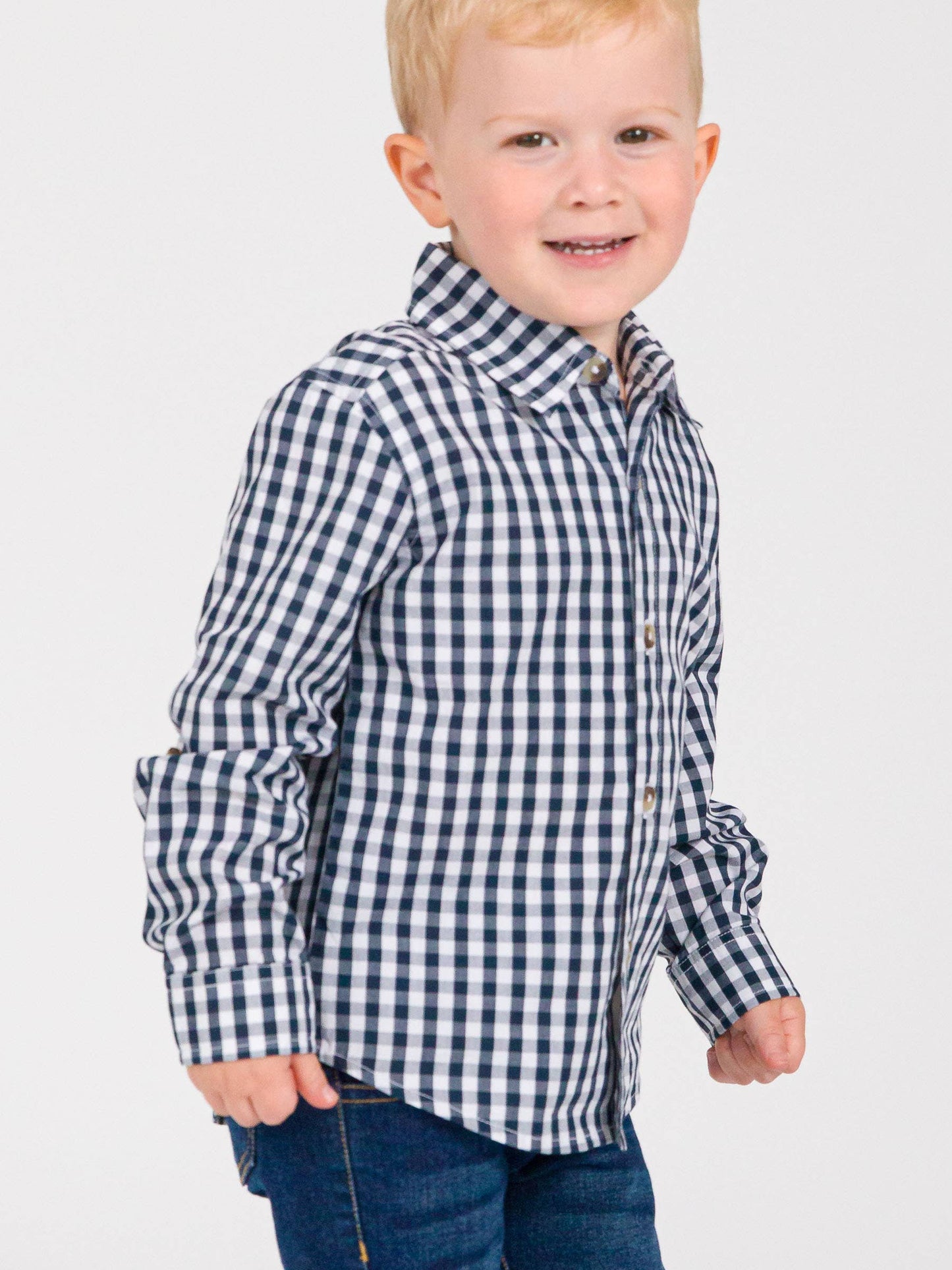 Boys Classic Dark Navy Gingham Long Sleeve Button Down