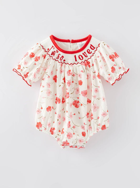 Valentine's Day "I'm so loved‘’Smocking Embroidered Girls Romper