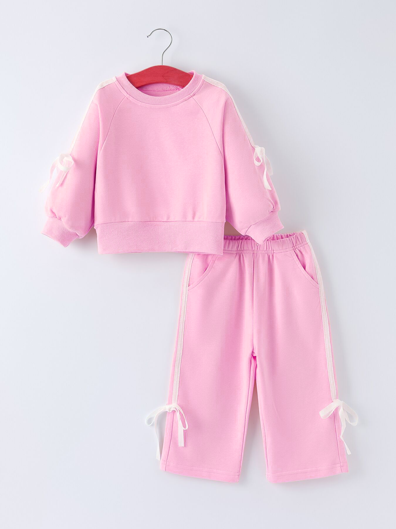 Girls Pink Bow Trim Sweatshirt and Pants Set