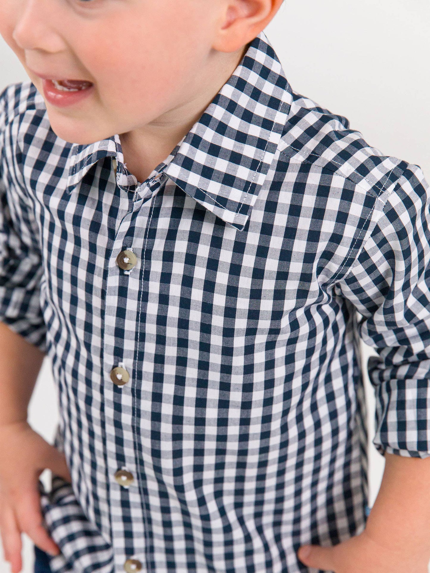 Boys Classic Dark Navy Gingham Long Sleeve Button Down