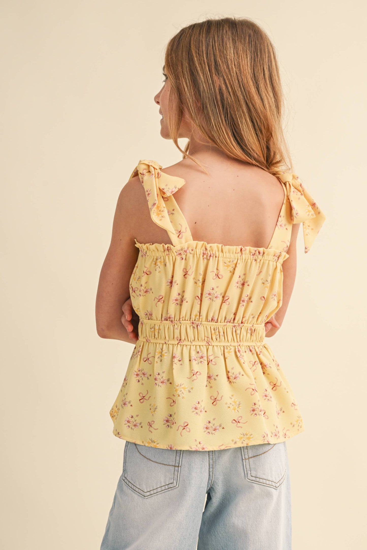 GIRLS BOW SHOULDER PEPLUM TOP