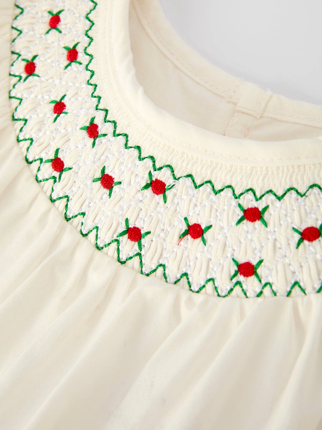 Christmas Girl's Romper : Delicate Embroidery with Red Bow Details