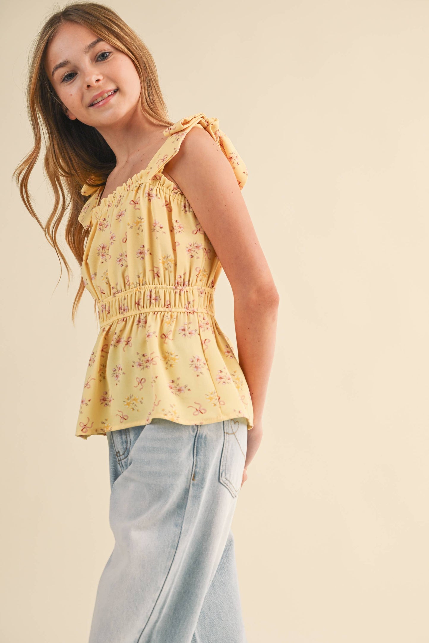 GIRLS BOW SHOULDER PEPLUM TOP