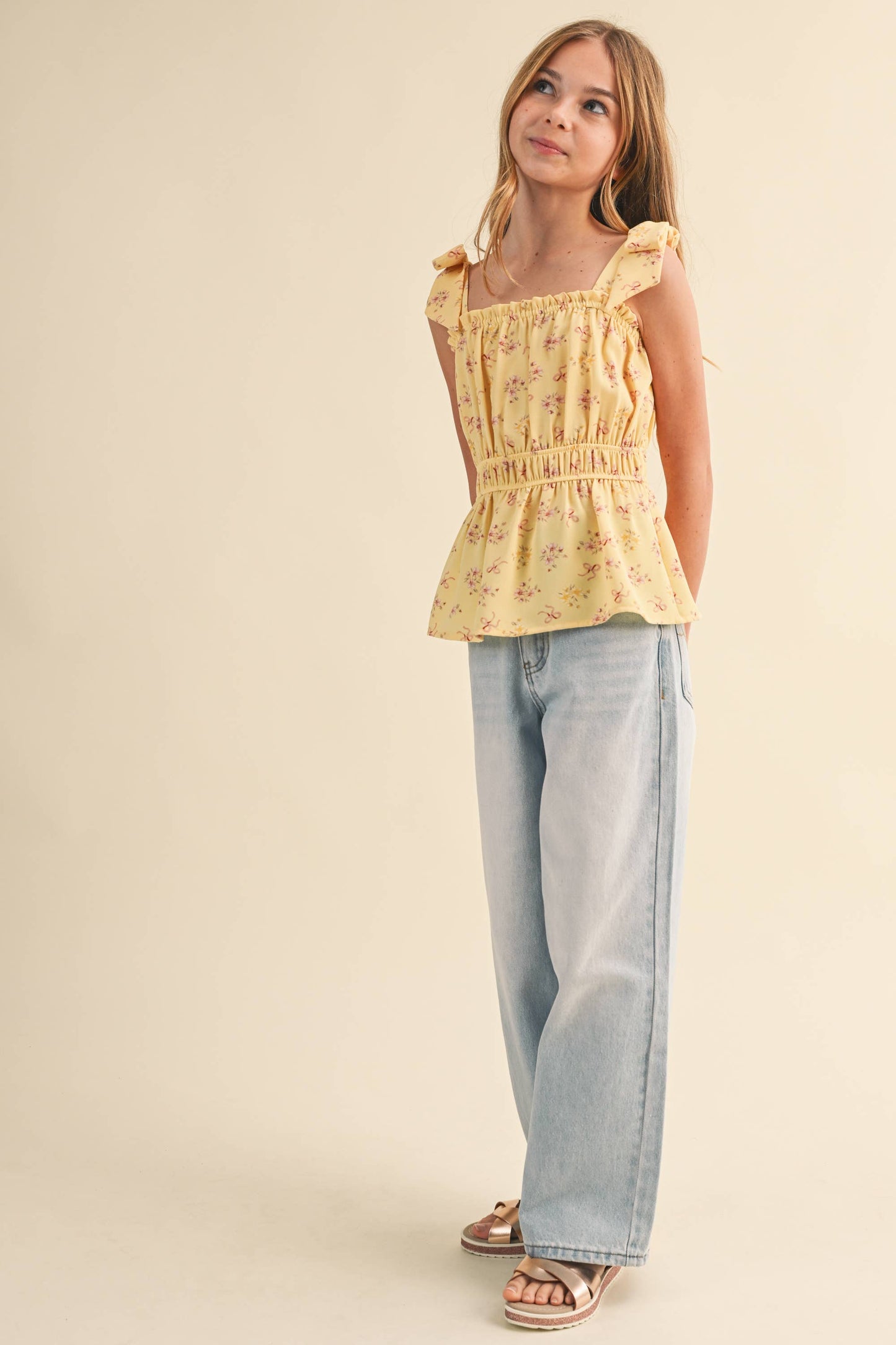 GIRLS BOW SHOULDER PEPLUM TOP