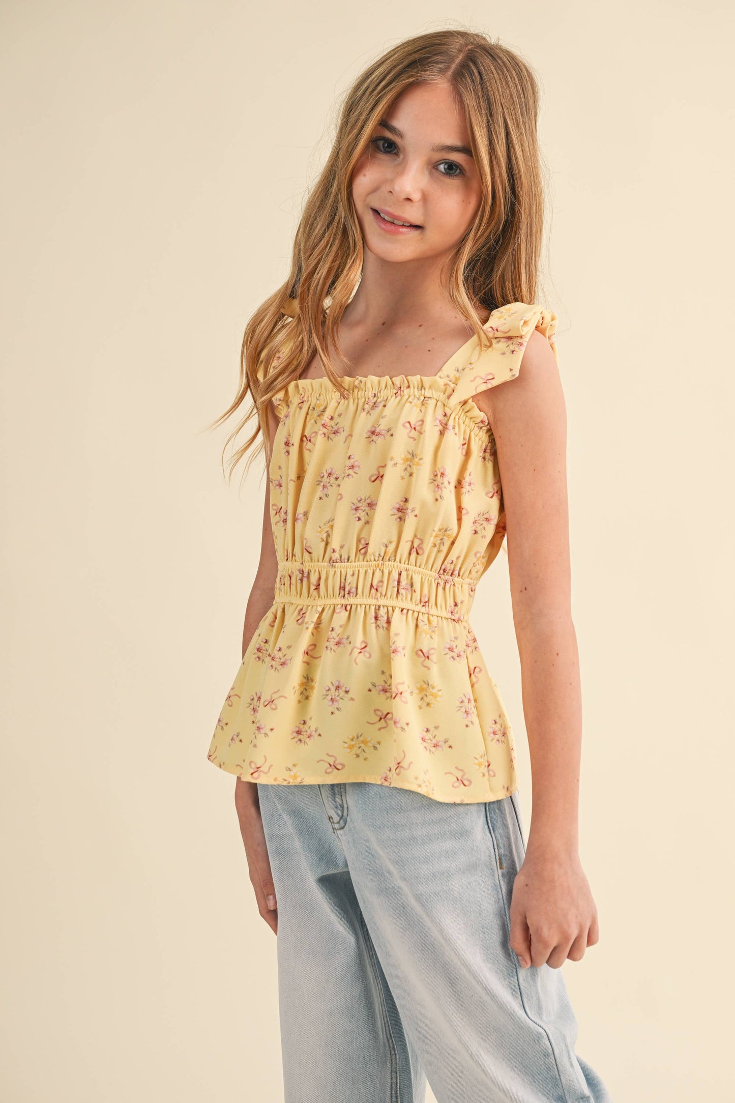 GIRLS BOW SHOULDER PEPLUM TOP