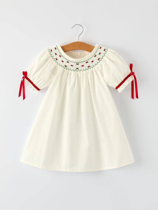 White Christmas Girl's Dress: Delicate Embroidery with Red Bow Details