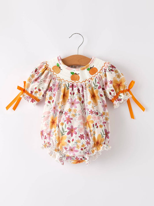 Halloween & Thanksgiving Pumpkin Embroidery Smock Floral Baby Girl Romper