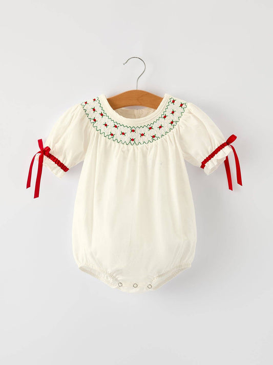 Christmas Girl's Romper : Delicate Embroidery with Red Bow Details