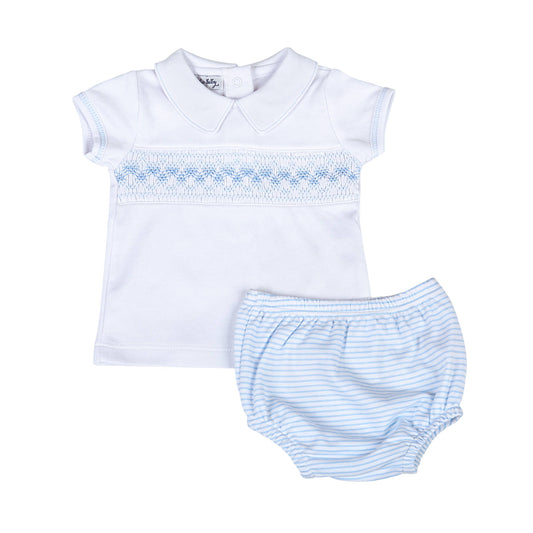 Lilly and Logan Blue Smocked Collared S/S Diaper Cover Set