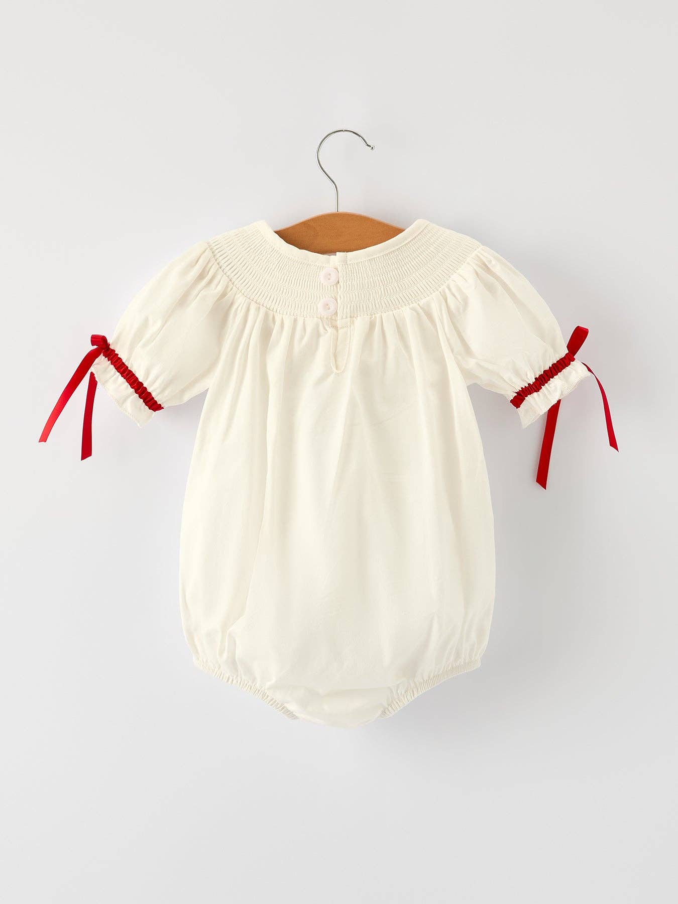 Christmas Girl's Romper : Delicate Embroidery with Red Bow Details
